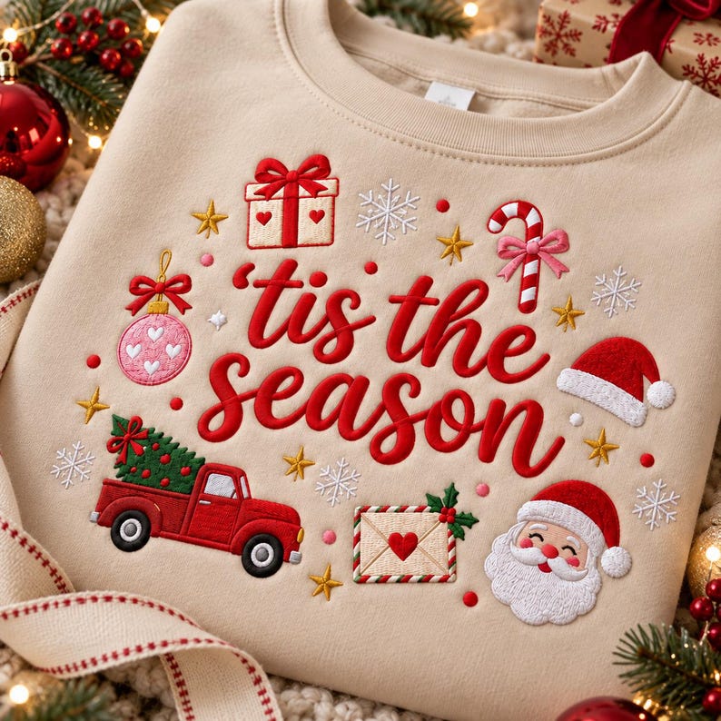 May include: A beige crewneck sweatshirt featuring red embroidered text that reads 'tis the season'. The design includes a red truck carrying a green Christmas tree, a gift box, a candy cane, a Santa Claus face, an envelope, and snowflakes.