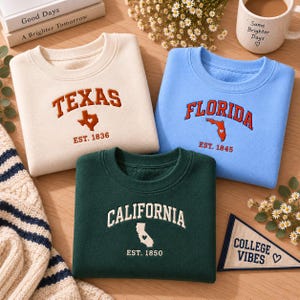May include: Three crewneck sweatshirts in cream, light blue, and dark green. Each features embroidered state names, a state map outline with a small heart, and an establishment year. The cream sweatshirt says TEXAS EST. 1836, the blue says FLORIDA EST. 1845, and the green says CALIFORNIA EST. 1850.
