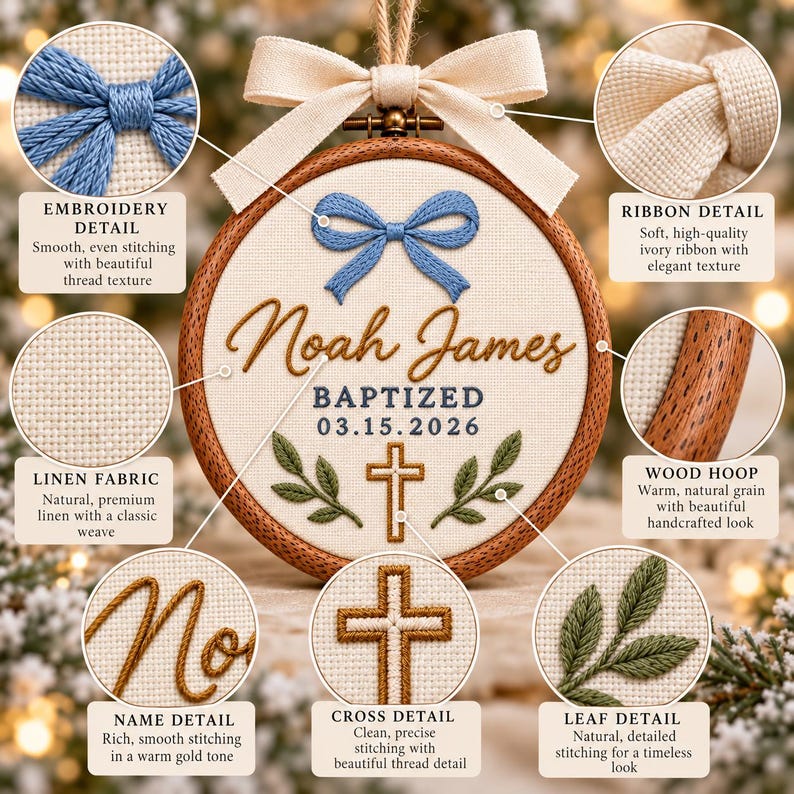 May include: A circular embroidery hoop featuring a cream-colored linen fabric with the embroidered text Noah James, BAPTIZED, and 03.15.2026. The design includes a blue bow, a gold cross, and green leaves, finished with an ivory ribbon at the top.