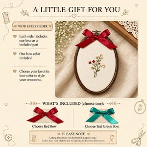 May include: An oval wooden embroidery hoop containing a floral design stitched on cream fabric, topped with a dark red satin ribbon bow. The graphic includes text options to select either a red or teal green satin bow for the ornament.