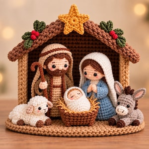 May include: A crochet nativity scene featuring a brown stable with a yellow star, green holly, and red berries. Figures include a bearded person in brown, a person in a white head covering and blue dress, a baby in a manger, a white sheep, and a donkey.