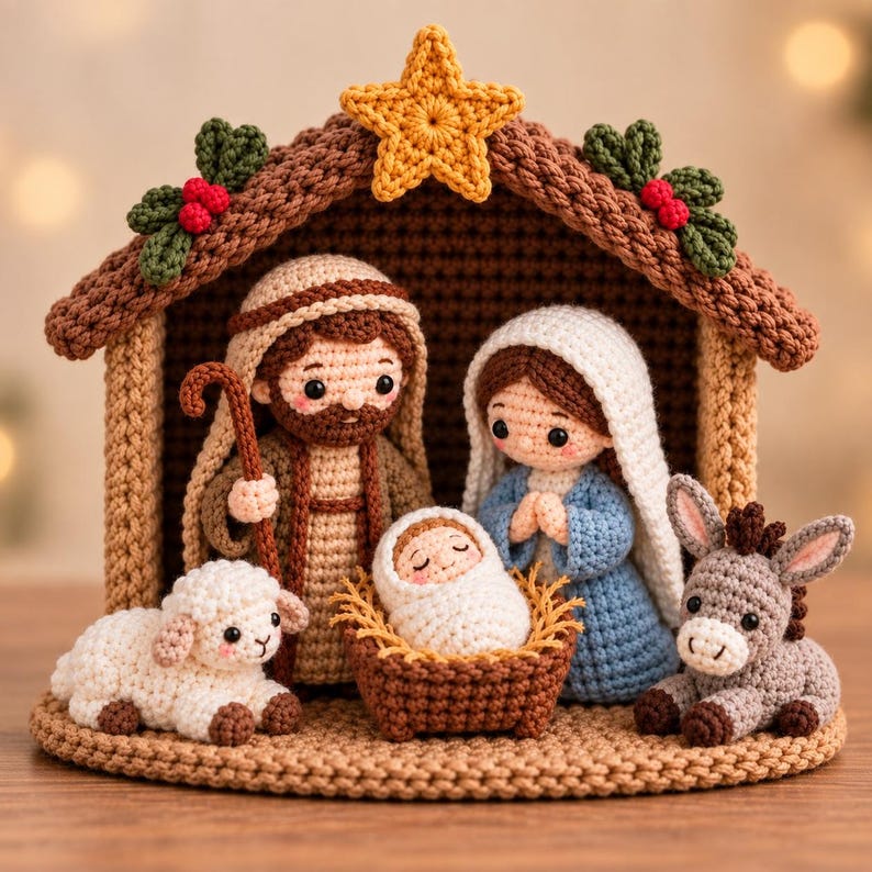 May include: A crochet nativity scene featuring a brown stable with a yellow star, green holly, and red berries. Figures include a bearded person in brown, a person in a white head covering and blue dress, a baby in a manger, a white sheep, and a donkey.