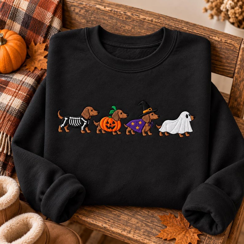 May include: A black crewneck sweatshirt featuring an embroidered design of four dachshunds in Halloween costumes: one in a skeleton suit, one inside a pumpkin, one wearing a witch hat and purple star-patterned cape, and one dressed as a ghost.
