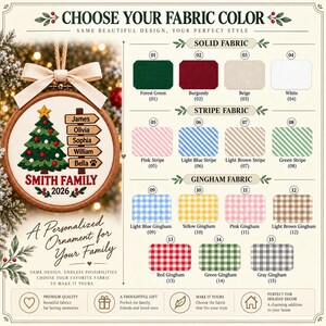 May include: A round wooden embroidery hoop ornament featuring a Christmas tree, five wooden signpost labels with names, and the text SMITH FAMILY 2026. A color chart displays fifteen fabric options including solid, striped, and gingham patterns.
