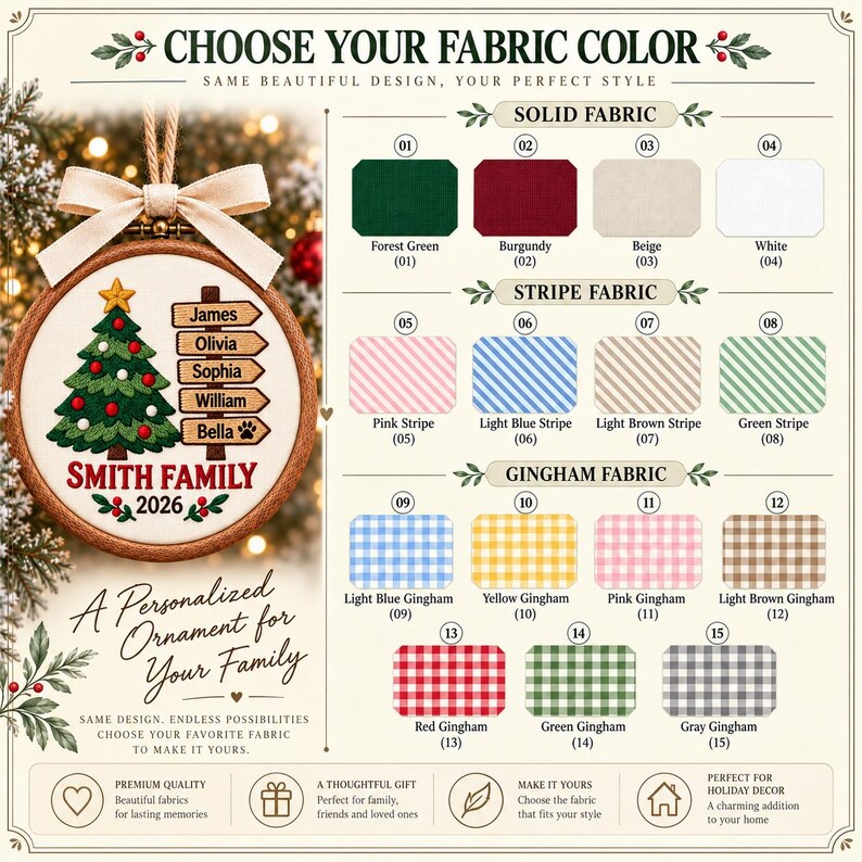 May include: A round wooden embroidery hoop ornament featuring a Christmas tree, five wooden signpost labels with names, and the text SMITH FAMILY 2026. A color chart displays fifteen fabric options including solid, striped, and gingham patterns.
