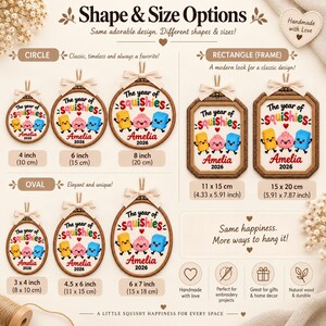 May include: A collection of circular, rectangular, and oval wooden embroidery hoops featuring the text The year of Squishies, Amelia 2026, and colorful cartoon characters. Sizes range from 4 to 8 inches, 11x15 cm to 15x20 cm, and 3x4 to 6x7 inches.