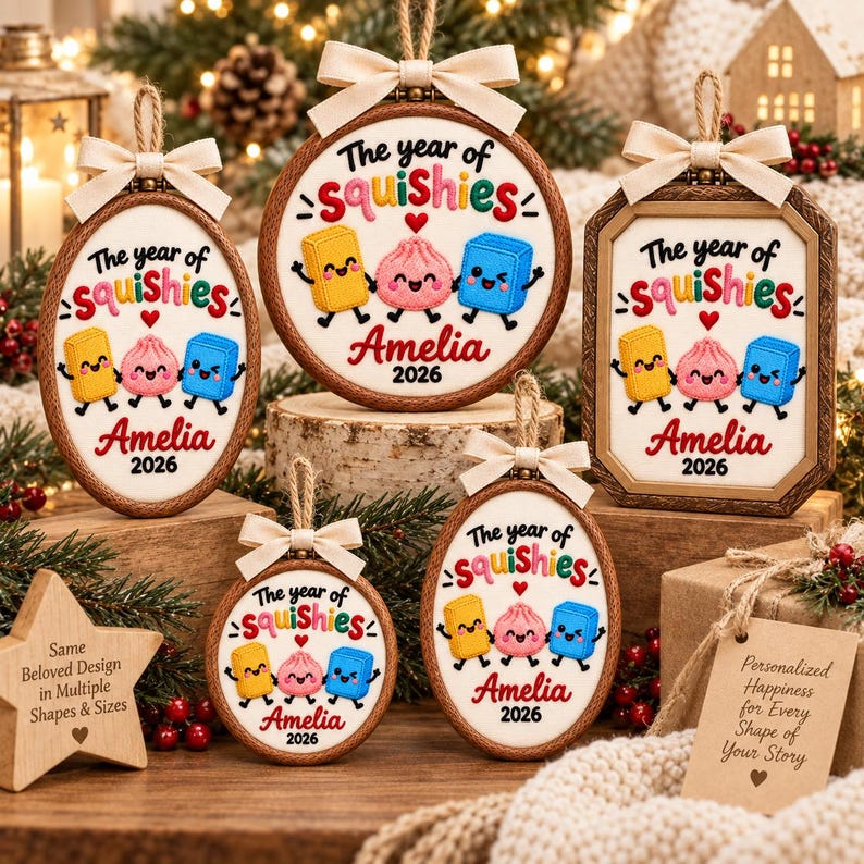 May include: Five embroidered ornaments in various shapes featuring the text The year of Squishies, the name Amelia, and the year 2026. Each piece displays a yellow rectangle, a pink dumpling, and a blue square character, topped with a cream bow.