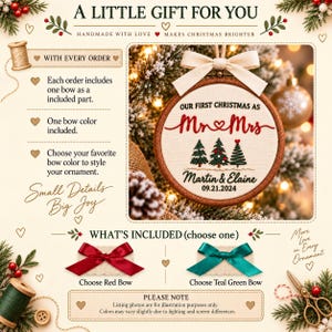 May include: A round wooden embroidery hoop ornament featuring white fabric with embroidered text reading OUR FIRST CHRISTMAS AS Mr & Mrs, Martin & Elaine, and 09.21.2024, with three green Christmas trees and a cream-colored ribbon bow on top.