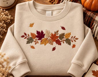 Embroidered Autumn Leaves Sweatshirt, Fall Season Leaf Print Sweater, Fall Crewneck Pullover, Cotton Blend Sweater