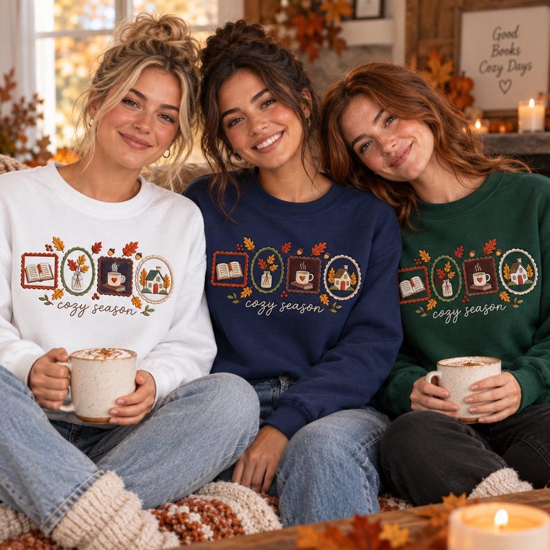 May include: Three crewneck sweatshirts in white, navy blue, and dark green, each featuring a graphic print of four framed autumn-themed icons including a book, leaves, a mug, and a house, with the text cozy season written in cursive script.