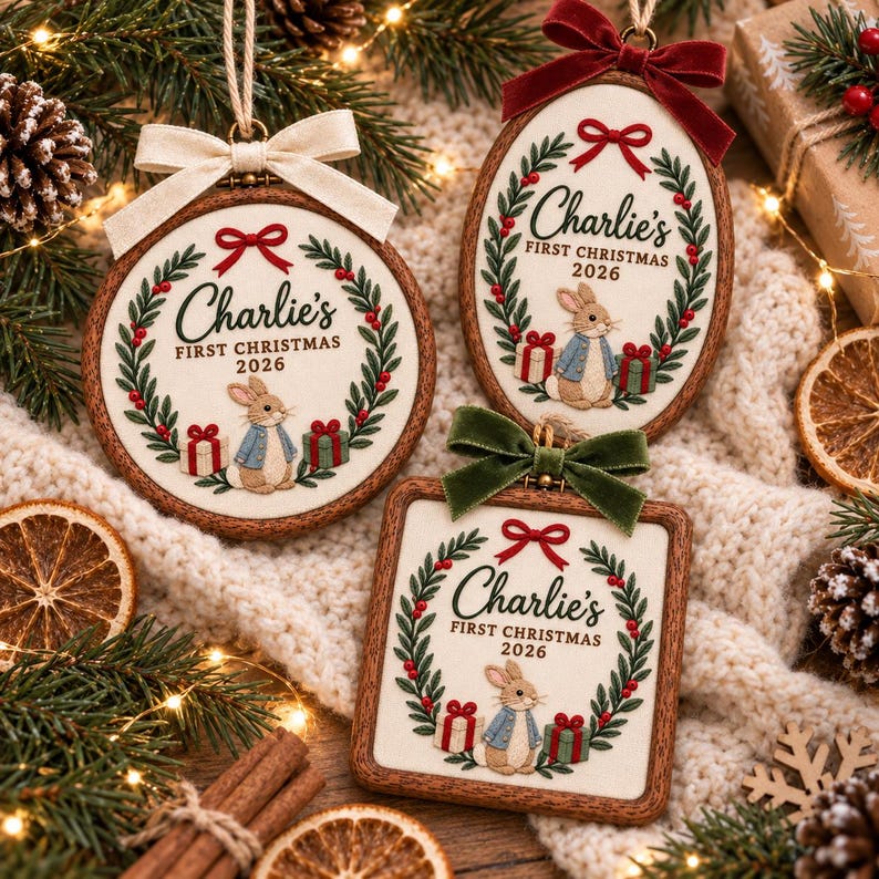 May include: Three wooden embroidery hoop ornaments featuring cream fabric with embroidered green wreaths, red bows, and a rabbit wearing a blue coat. Each ornament displays the text Charlie's FIRST CHRISTMAS 2026 and includes small gift boxes.