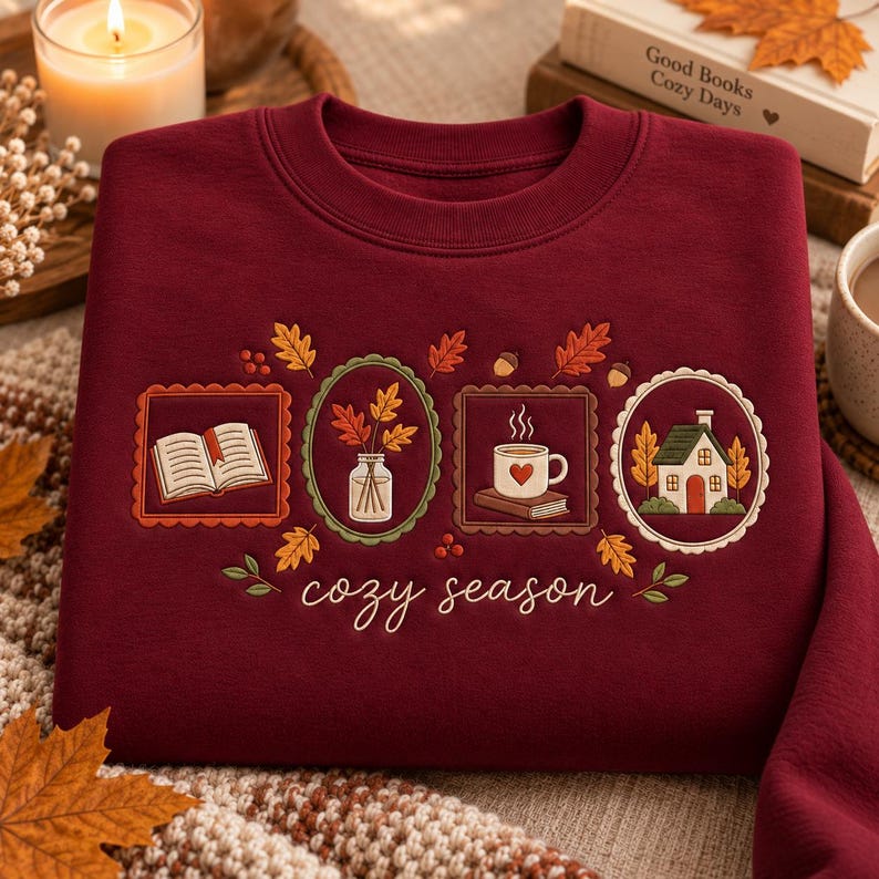 May include: A maroon crewneck sweatshirt featuring embroidered designs of an open book, a jar with autumn leaves, a mug with a heart on a book, and a small house. The text "cozy season" is embroidered in white below the four framed illustrations.