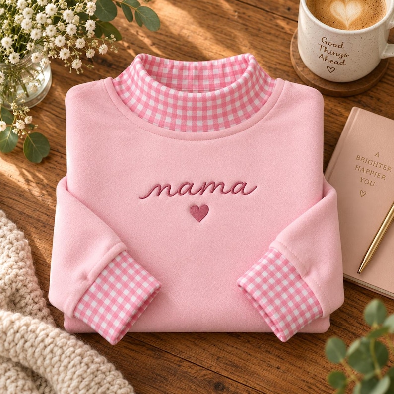 May include: A light pink long-sleeve sweatshirt featuring a mock neck collar and sleeve cuffs in a pink and white gingham pattern. The center of the chest displays the embroidered word "nama" in a cursive font above a small pink heart icon.
