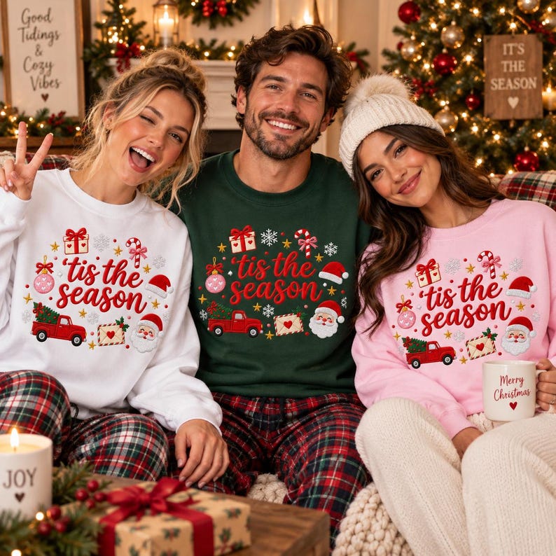 May include: Three people wearing matching crewneck sweatshirts in white, dark green, and light pink. Each sweatshirt features the text 'tis the season' in red script, surrounded by festive graphics including a red truck, Santa, and gifts.
