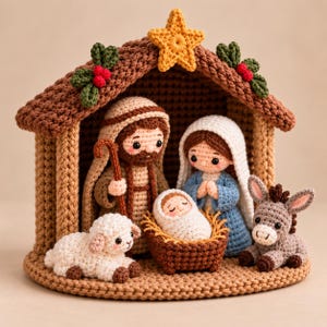 May include: A crochet nativity scene featuring a brown stable with a yellow star, green holly, and red berries. Inside are figures of a bearded person in tan robes, a person in a white head covering and blue dress, a baby in a manger, a sheep, and a donkey.