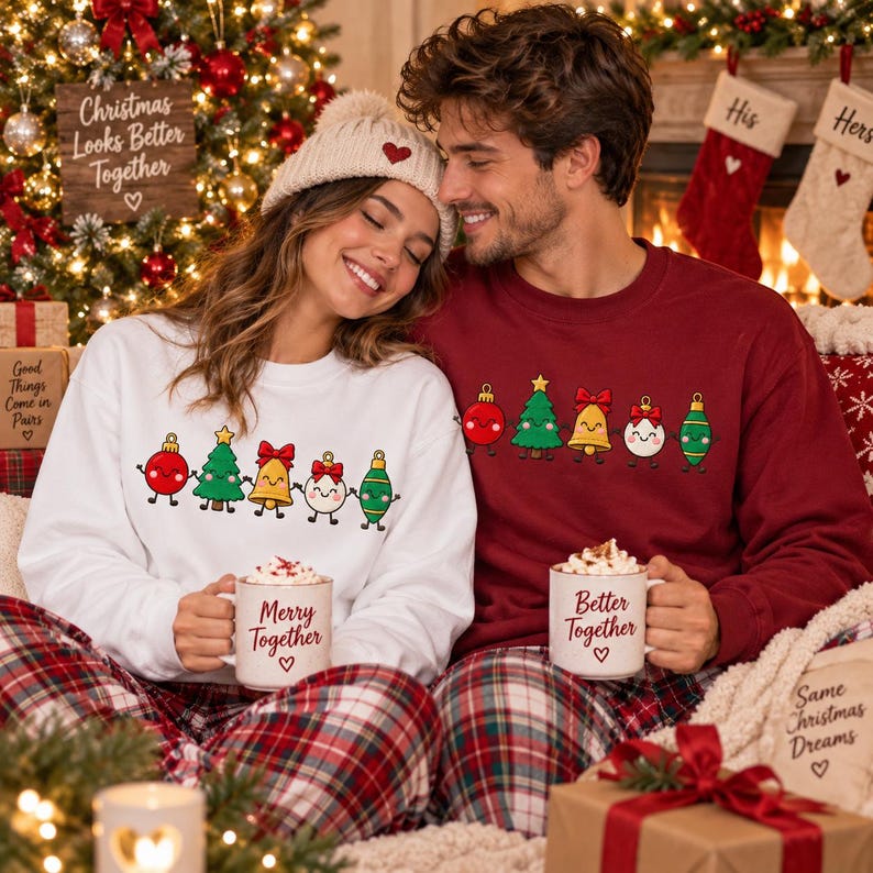 May include: A white sweatshirt with a graphic of five cartoon Christmas ornaments holding hands and a matching maroon sweatshirt with the same graphic. Both sweatshirts are paired with red and white plaid pants and white ceramic mugs.