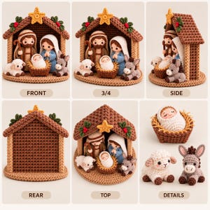 May include: A crochet nativity set featuring a brown stable with a yellow star, containing figures of a person in brown, a person in blue, a baby in a manger, a white sheep, and a gray donkey. The set includes individual pieces for display.