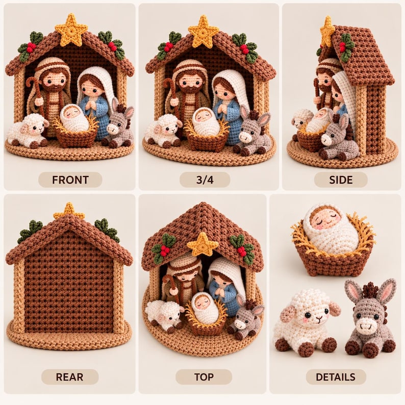 May include: A crochet nativity set featuring a brown stable with a yellow star, containing figures of a person in brown, a person in blue, a baby in a manger, a white sheep, and a gray donkey. The set includes individual pieces for display.