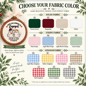May include: A fabric color chart for a custom embroidery hoop ornament. The chart displays fifteen numbered fabric swatches in solid, striped, and gingham patterns, alongside an example hoop featuring two ghosts and the text First Halloween as Engaged.