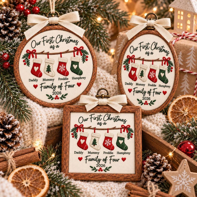 May include: Three wooden-framed ornaments featuring embroidered text Our First Christmas as a Family of Four 2026. The designs include four hanging stockings in red and green with white accents, topped with a cream-colored fabric ribbon bow.