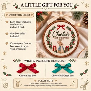May include: A round wooden embroidery hoop ornament featuring a cream fabric centre with a green wreath, red berries, and a rabbit in a blue coat. The text reads Charlie's FIRST CHRISTMAS 2026. Includes a choice of a red or teal green satin bow.
