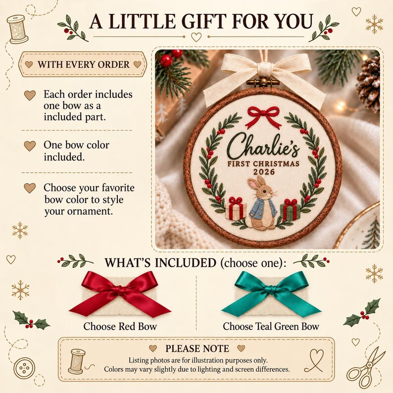 May include: A round wooden embroidery hoop ornament featuring a cream fabric centre with a green wreath, red berries, and a rabbit in a blue coat. The text reads Charlie's FIRST CHRISTMAS 2026. Includes a choice of a red or teal green satin bow.
