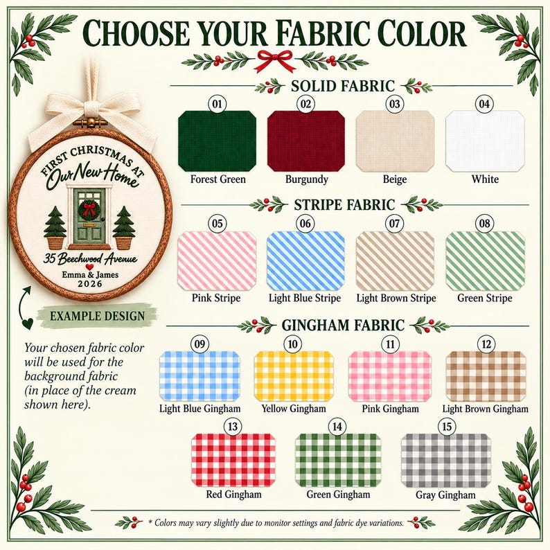 May include: A fabric color selection chart for a custom embroidery hoop ornament. The chart displays fifteen numbered swatches categorized as solid, stripe, and gingham fabrics in various colors, alongside an example design of a house.