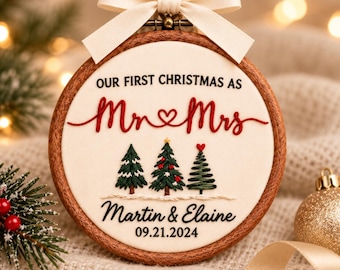 First Christmas Married Embroidery Ornament, Custom Mr and Mrs Keepsake Winter Cabin ornament Newlywed Gift, Newlywed Holiday Gift Decor