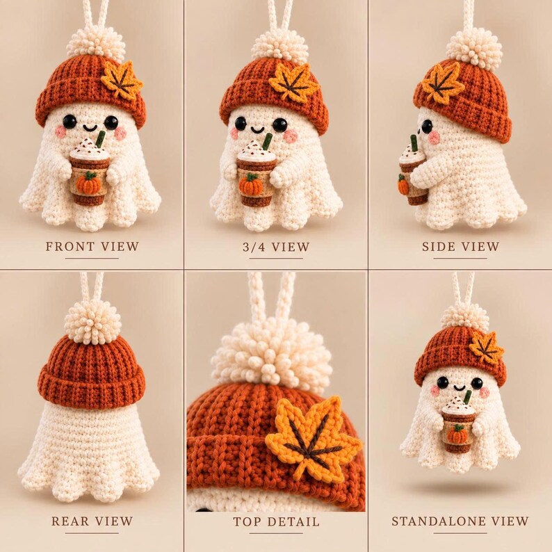 May include: A crocheted ghost ornament wearing an orange ribbed beanie with a pom-pom and a felt maple leaf. The ghost holds a miniature coffee cup with a pumpkin graphic. The image displays front, side, rear, and top views with text labels.
