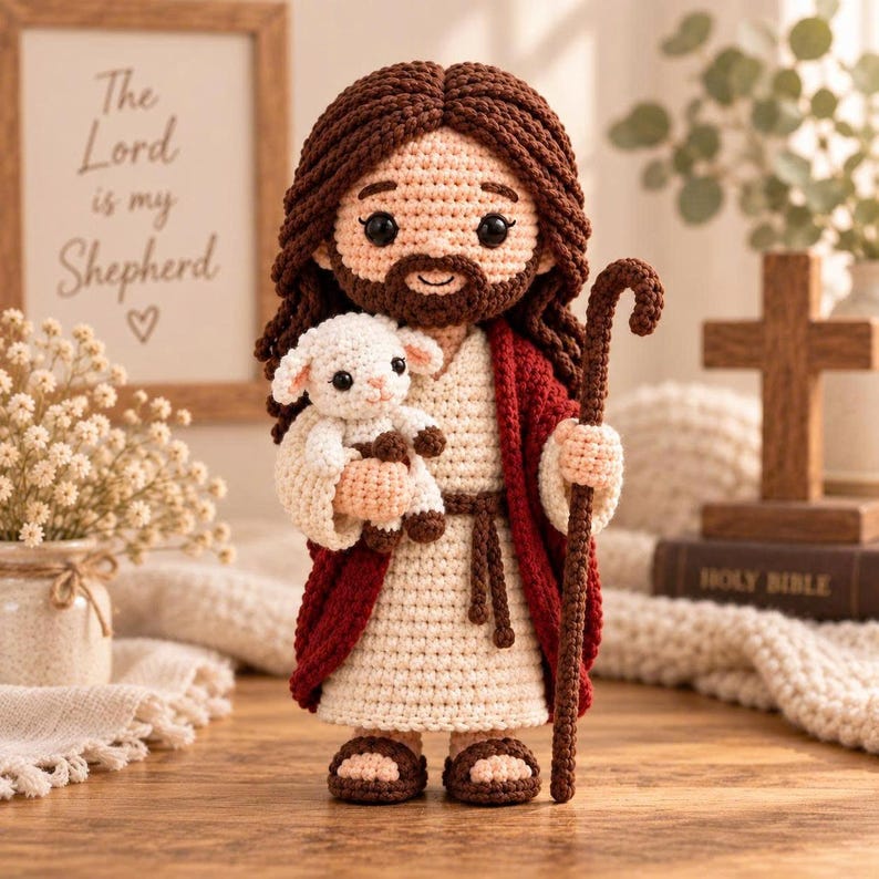 May include: A crochet doll of a figure with long brown hair and a beard, wearing a cream-colored robe with a dark red cloak and brown sandals. The figure holds a small white crochet lamb in one arm and a tall brown crochet shepherd's staff.