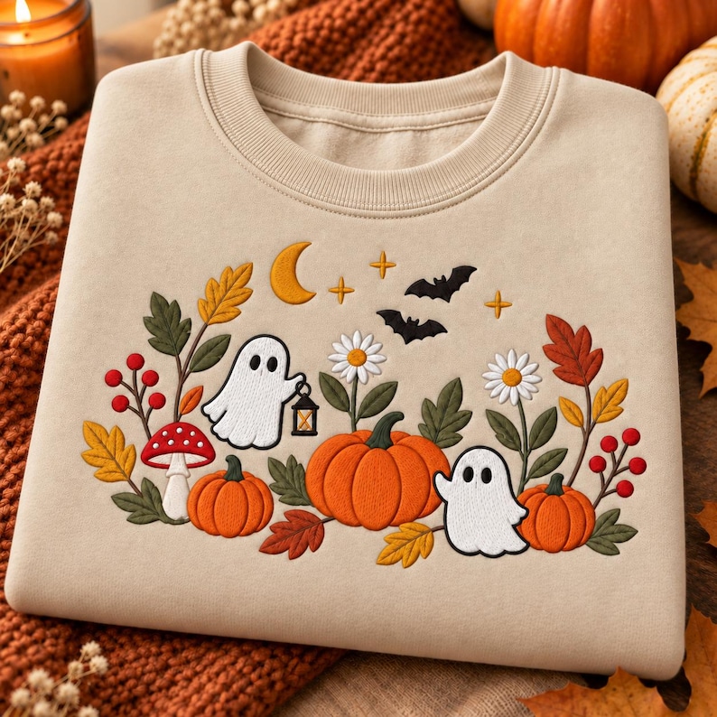 May include: A beige crewneck sweatshirt featuring an embroidered design of two white ghosts, orange pumpkins, red berries, a red and white mushroom, green leaves, white daisies, a yellow crescent moon, small stars, and two black bats.