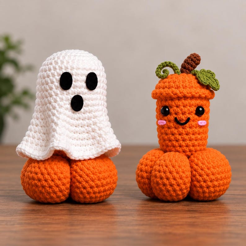 May include: Two crocheted amigurumi figures. One is a white ghost with black oval eyes and a round mouth sitting on an orange pumpkin base. The other is an orange pumpkin-shaped figure with a green stem, leaf, black eyes, and a smiling mouth.