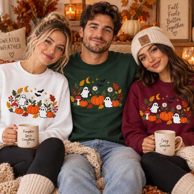 May include: Three crewneck sweatshirts in white, dark green, and maroon, each featuring a graphic of ghosts, pumpkins, autumn leaves, flowers, and bats. Two people hold ceramic mugs with the text Pumpkin Spice Everything and Cozy Season.