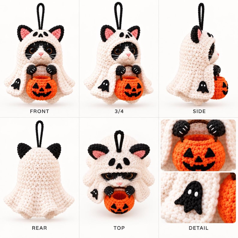 May include: A crocheted cat ornament wearing a cream-colored ghost costume with black cat ears and a skull motif on the hood. The cat holds a small orange jack-o'-lantern bucket. The costume features small black ghost appliqu&eacute;s and a black hanging loop.