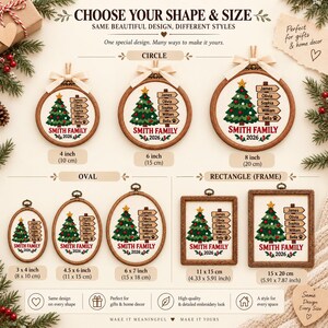 May include: A collection of embroidered Christmas ornaments in circle, oval, and rectangular wooden hoops. Each features a green Christmas tree, a wooden signpost with names, and the text SMITH FAMILY 2026. Sizes range from 3 to 8 inches.