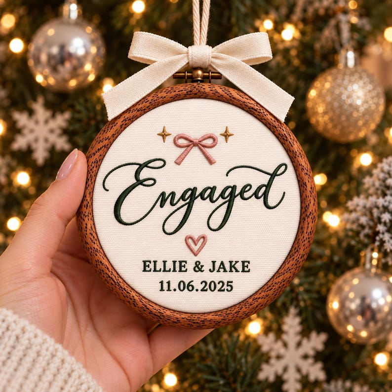 May include: A round wooden embroidery hoop ornament featuring white fabric with the embroidered text Engaged in dark green script. Below the text are the names Ellie & Jake and the date 11.06.2025. A pink bow and heart are stitched above.
