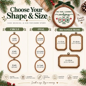 May include: A display showing embroidery hoop shapes and sizes including circle, oval, and rectangle frames. The text reads Choose Your Shape & Size, The Year I Learned Mahjong 2025, and lists various dimensions in inches and centimeters.