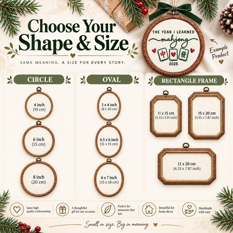 May include: A display showing embroidery hoop shapes and sizes including circle, oval, and rectangle frames. The text reads Choose Your Shape & Size, The Year I Learned Mahjong 2025, and lists various dimensions in inches and centimeters.
