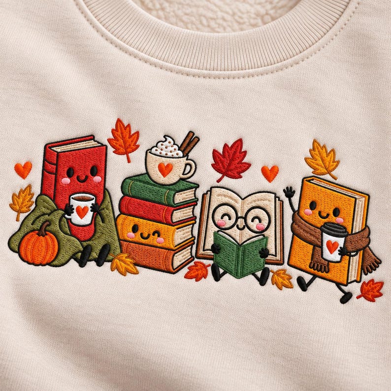 May include: A beige crewneck sweatshirt featuring an embroidered design of anthropomorphic books. The scene includes a red book with a mug, a stack of colorful books topped with a cocoa cup, an open book with glasses, and an orange book with a scarf.