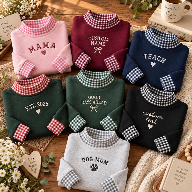 May include: Seven long-sleeved sweatshirts in various colors including pink, maroon, navy, dark green, black, and light gray. Each sweatshirt features a gingham-patterned mock neck collar and cuffs, with embroidered text and icons on the chest.