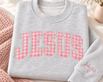 Custom Christian Sweatshirt, Embroidered Gingham Jesus WWJD Mockneck Crewneck, Personalized Faith Shirt, Religious Gift For Her
