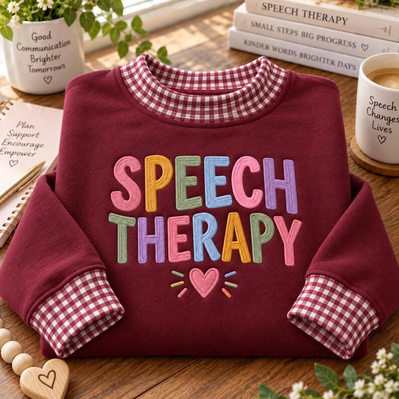 May include: A maroon sweatshirt featuring the text "SPEECH THERAPY" in colorful embroidered letters, a small embroidered pink heart, and a red and white gingham pattern on the inner collar and sleeve cuffs, creating a layered appearance.