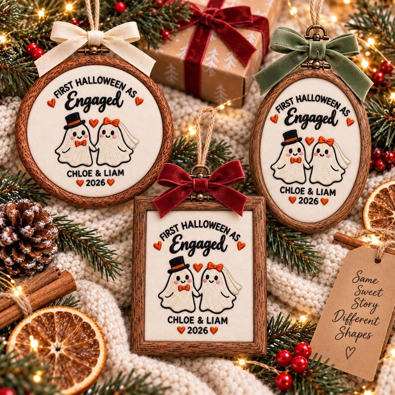 May include: Three embroidered ornaments in round, oval, and square wooden frames. Each features two ghosts, one with a top hat and one with a veil, holding hands. Text reads First Halloween as Engaged, Chloe & Liam, and 2026, with small orange hearts.