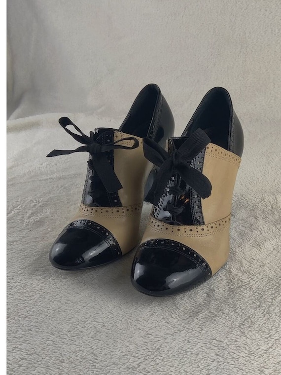 Saddle Shoe, Two Toned Black Patent & Tan Leather,