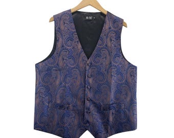 HI-TIE Herrväst Lila Guld Jacquard Paisley M Satin 6 Knappfickor Viktoriansk Seampunk Western