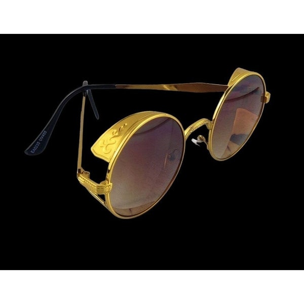 Sunglasses Round Metal Steampunk Gold Frame Brown Lenses Diesel Punk Cosplay