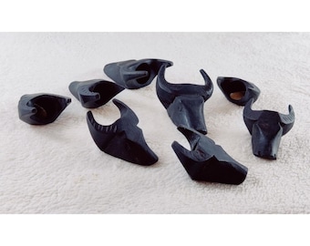 Water Buffalo Napkin Rings Hand Carved Hard Wood Black Set of 8 Vtg MCM Bull Heads African Tribal Ethnic Western Bolo Slides Crafting
