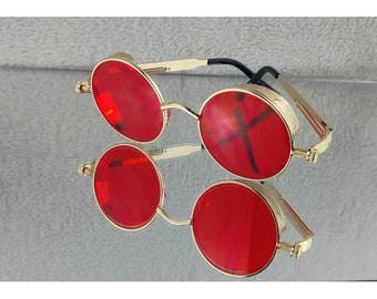 Round Sunglasses Steampunk Red Lens Gold Embossed Frame Spring Arm Victorian Cosplay