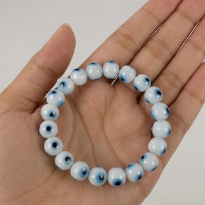 Evil Eye Bracelet Glass Pearl Beaded Nazar Bracelet for Protection Adjustable Stretch Bangle Blue and White Eye Charm Greek Jewelry Gift