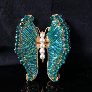 Turquoise Beaded Butterfly Brooch, Vintage Gold Tone Insect Pin with Pearl Body, Statement Jacket Scarf Gift for Women